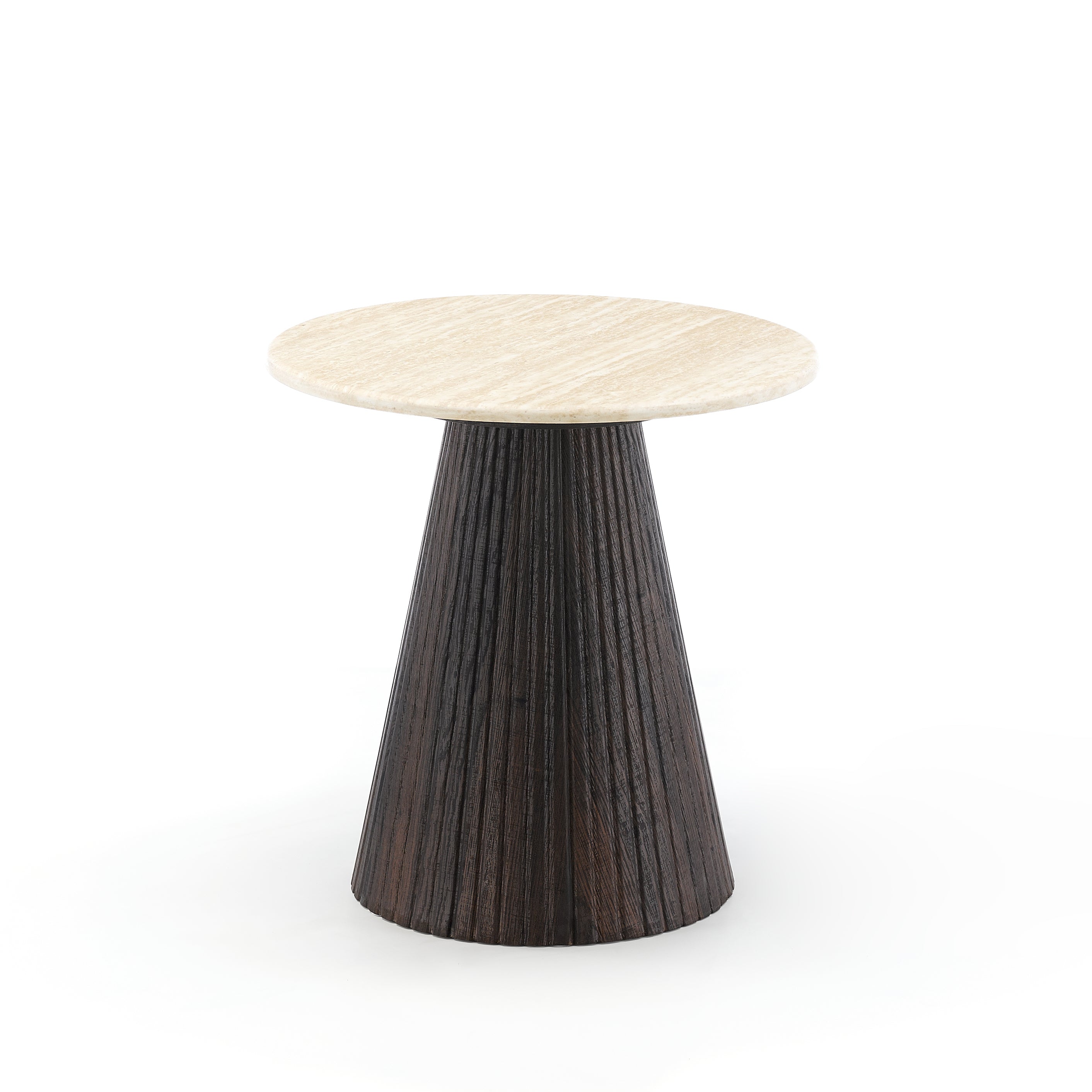 Small round table with a marble top and dark wooden base on a white background