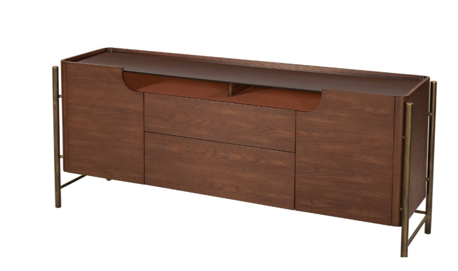 Wooden sideboard with metal legs on a white background