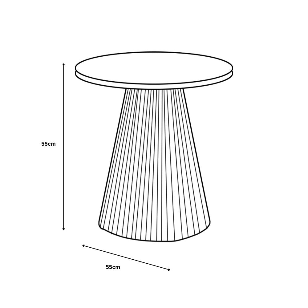 Line drawing of a round table with dimensions on a white background
