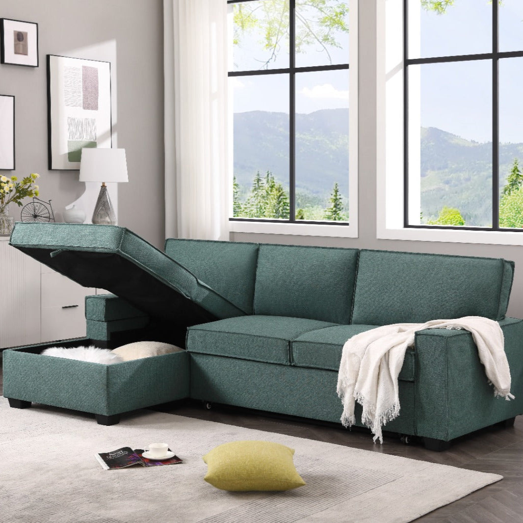 Teal corner sofa bed with storage