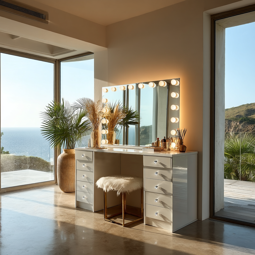 Bathroom vanity with lit mirror and sea view