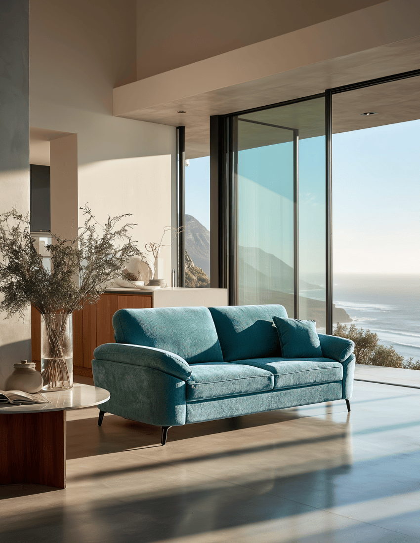 Teal sofa in a modern living room with large windows overlooking a scenic view.
