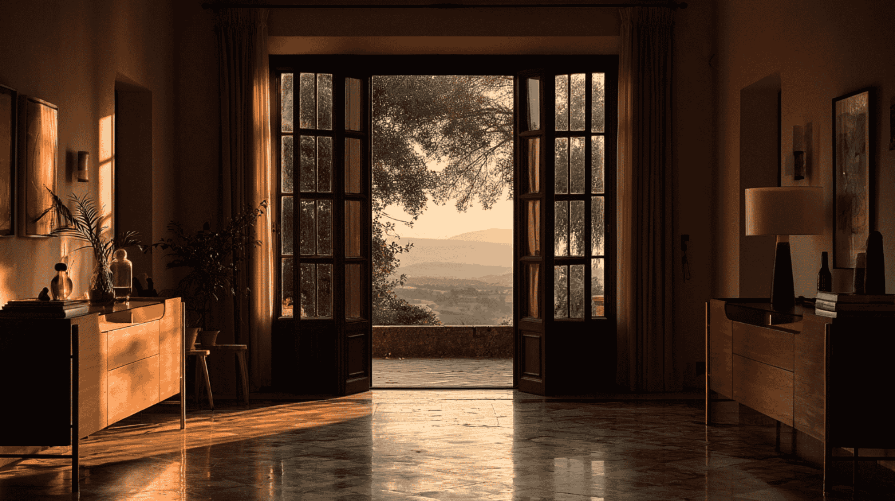 Luxurious room with open doors leading to a scenic view of trees and mountains.