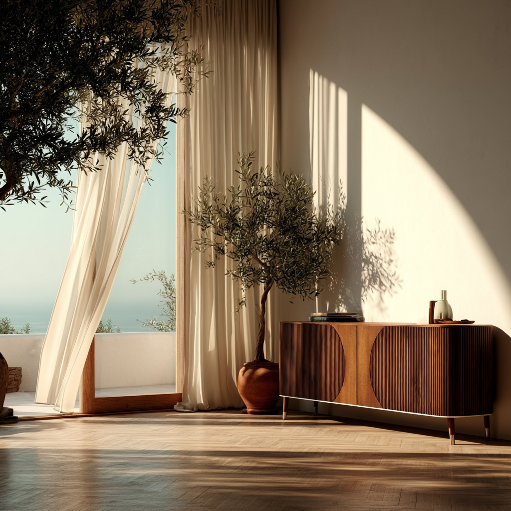 Modern interior with wooden sideboard, potted plant, and large windows with white curtains.