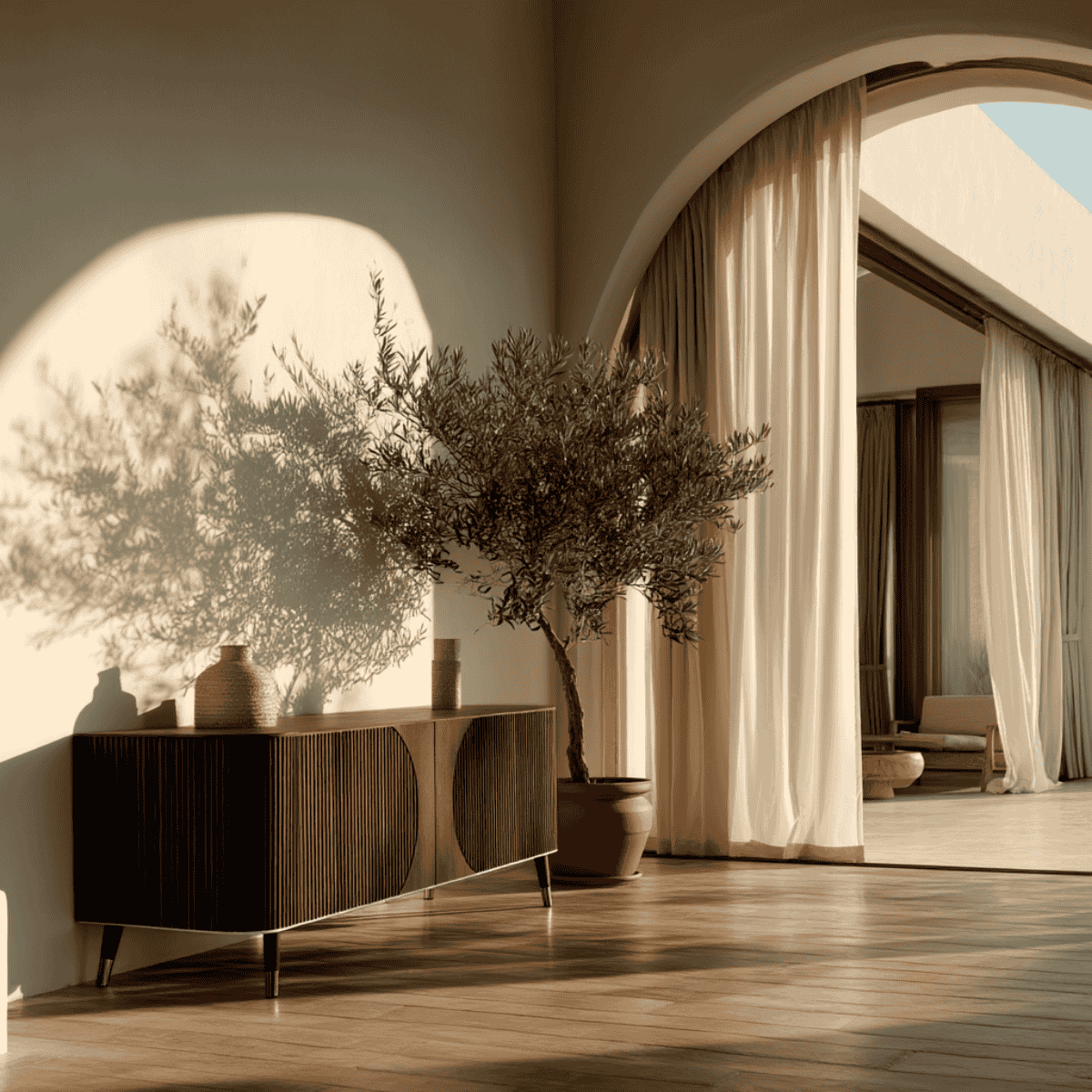 Modern interior with a wooden sideboard, potted plant, and large windows.