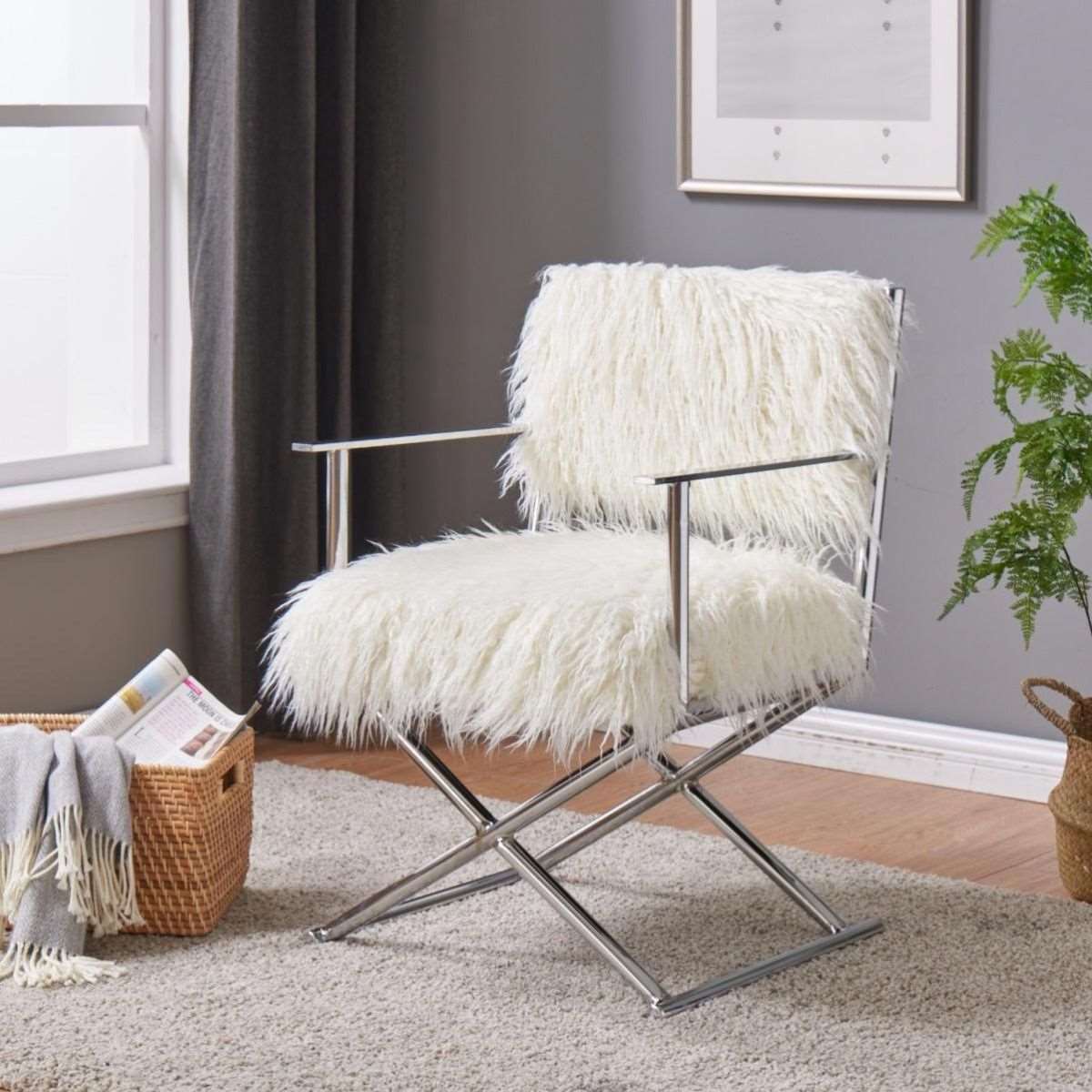 Faux Sheepskin Directors Chair - White
