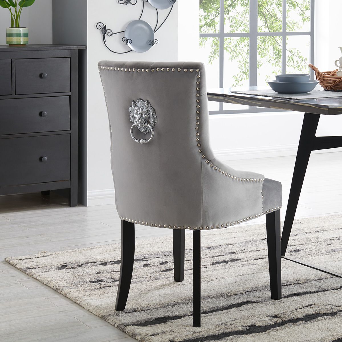 Set of 6 Lion Knocker Dining Chair-Grey Velvet