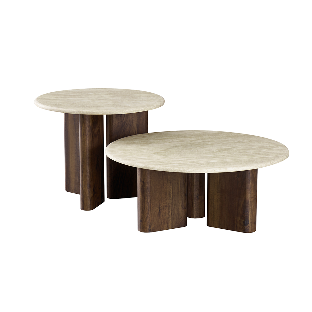 Two round wooden tables with marble-like tops on a white background
