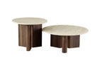 Two round coffee tables with marble top and wooden legs on a white background