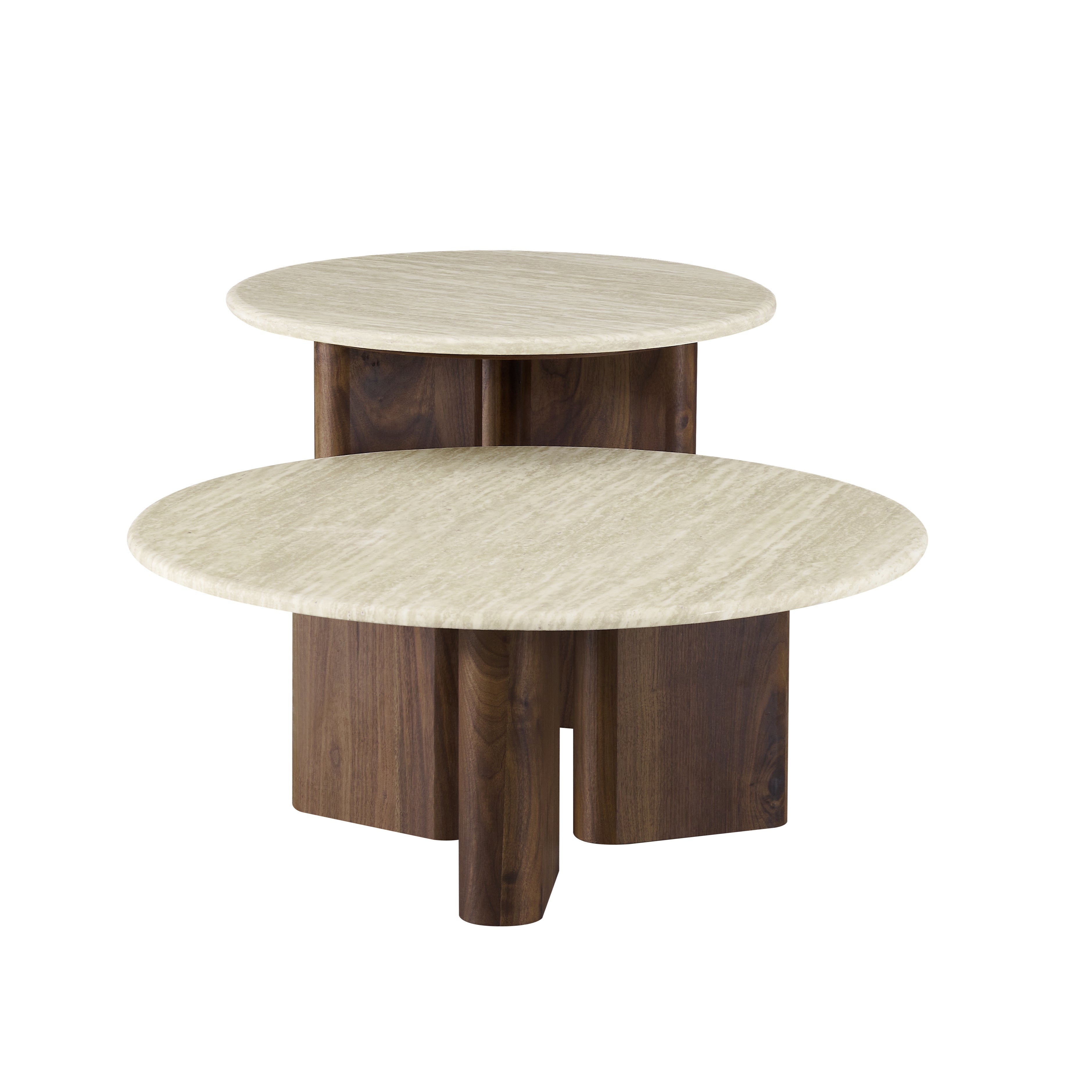 Two-tiered table with marble-like top and wooden base on a white background