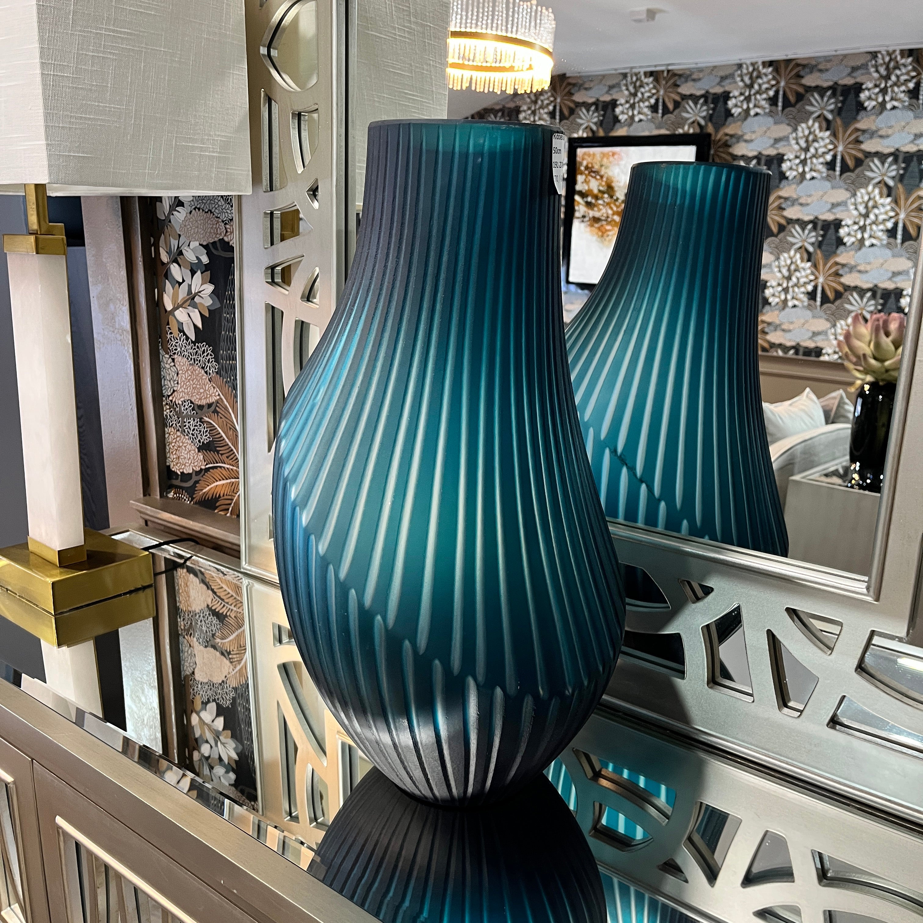 Ribbed Glass Vase Blue 50cm
