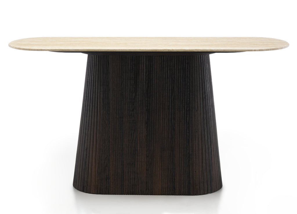 Dining table with wooden base and light wood top on a white background