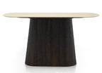 Dining table with wooden base and light wood top on a white background