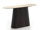 Modern console table with wooden top and dark base on a white background