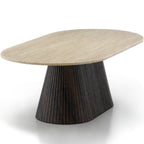 Wooden table with a unique base design on a white background