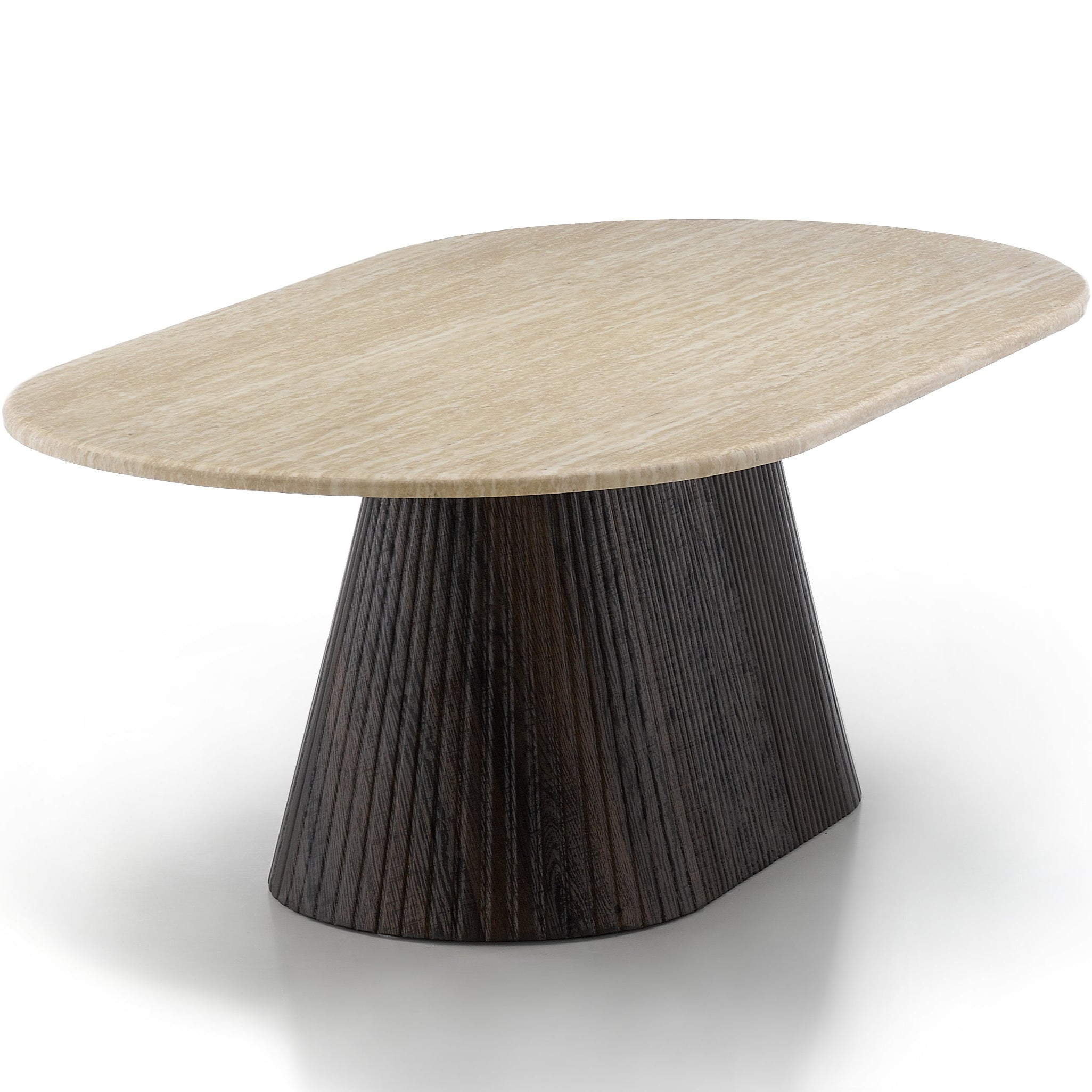 Wooden table with a unique base design on a white background