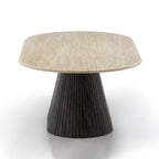 Table with a textured beige top and dark wooden base on a white background
