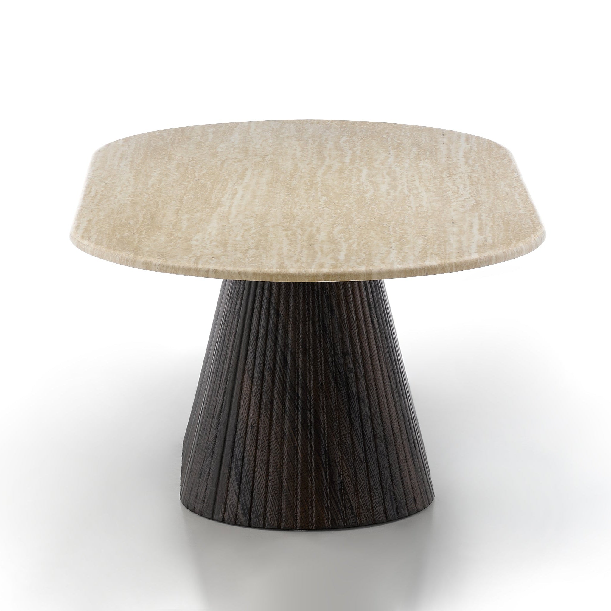 Table with a textured beige top and dark wooden base on a white background