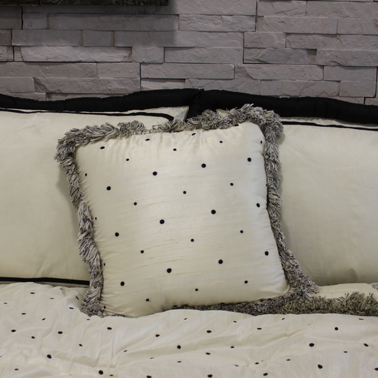 Black and White Polka Dot Throw Pillow - With Fringe Detail