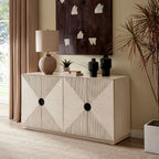 Beige sideboard with geometric design in a living room setting