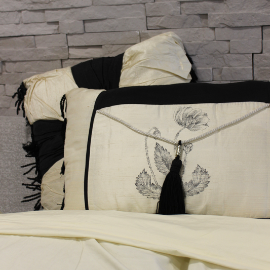 Black and White Throw Pillow - With Floral and Fringe Detail