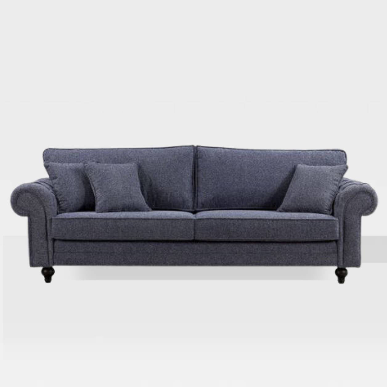 A four-seater blue sofa with cushioned seats and backrest, set against a white background.