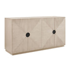 Beige sideboard with geometric pattern and black circular handles on a white background