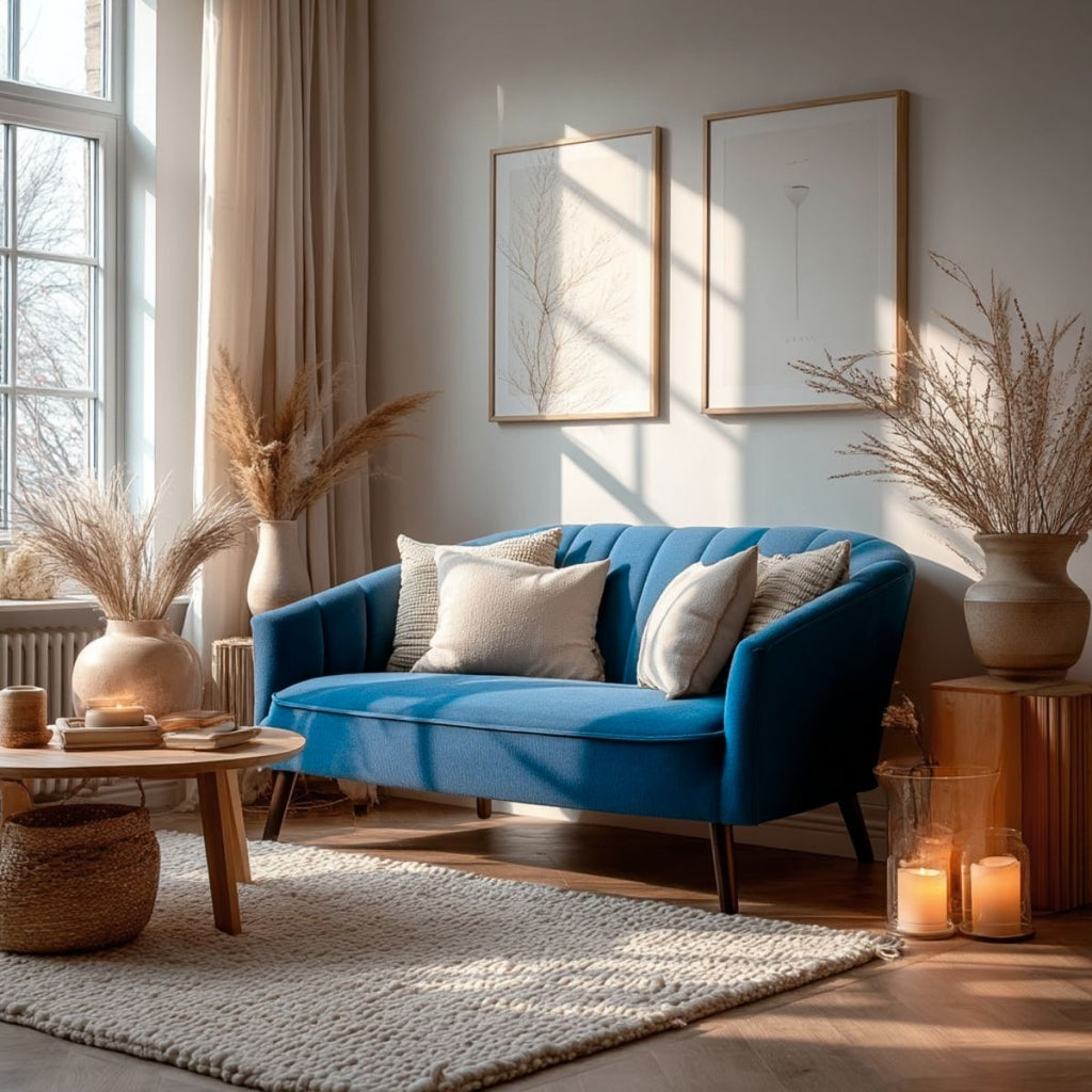 Cozy living room with a blue sofa, decorative pillows, and candles.
