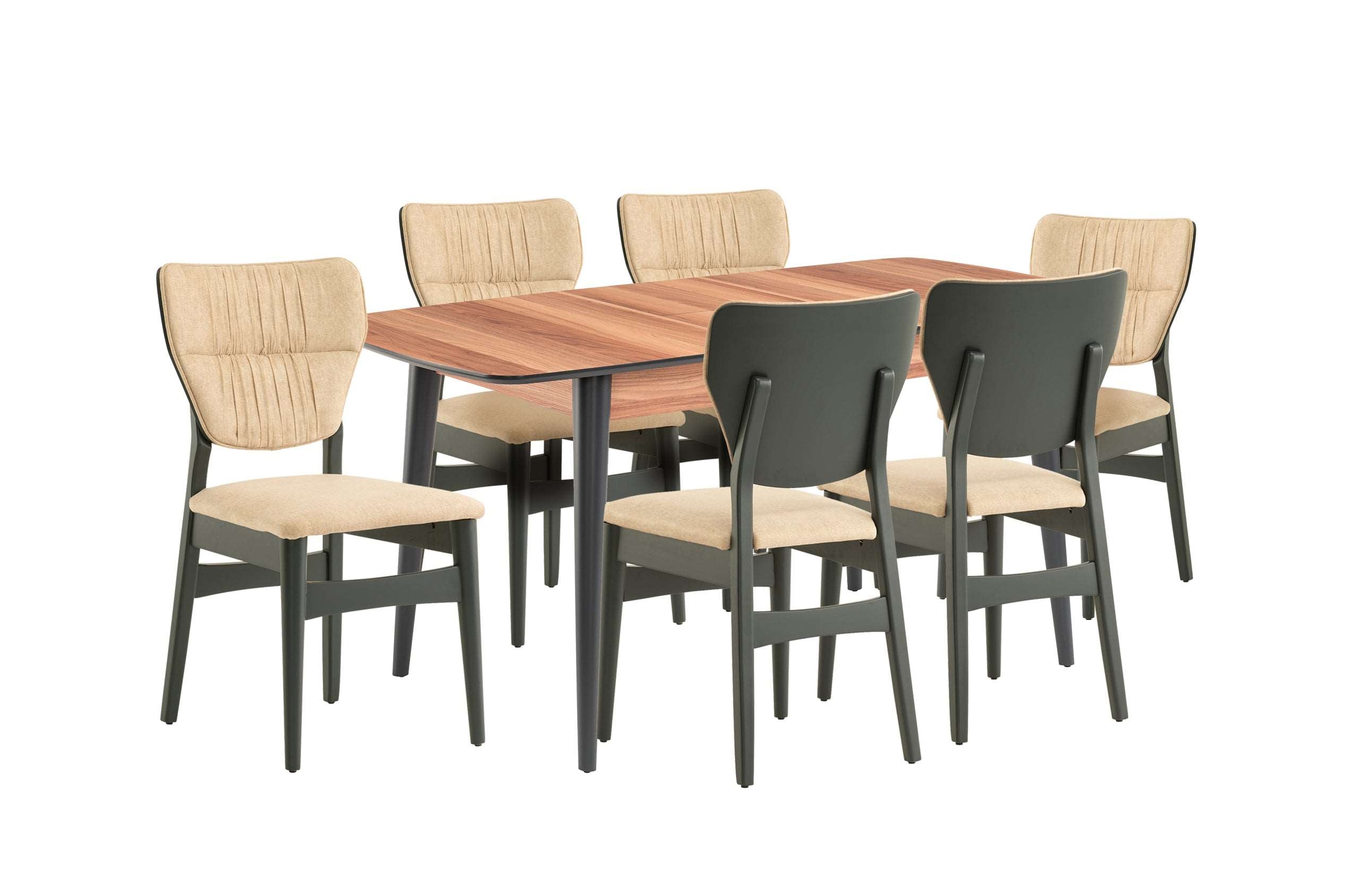 Fara Extending Dining Table (Walnut) + 6 Dinamic Chairs (Beige)