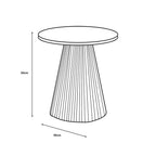 Line drawing of a round table with dimensions on a white background