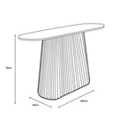Line drawing of a modern console table with dimensions on a white background