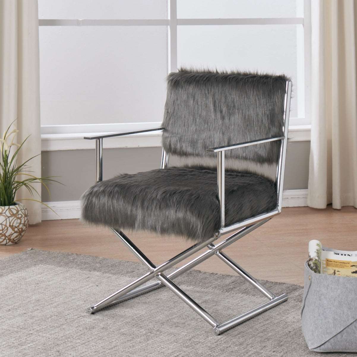 Faux Sheepskin Directors Chair - Grey