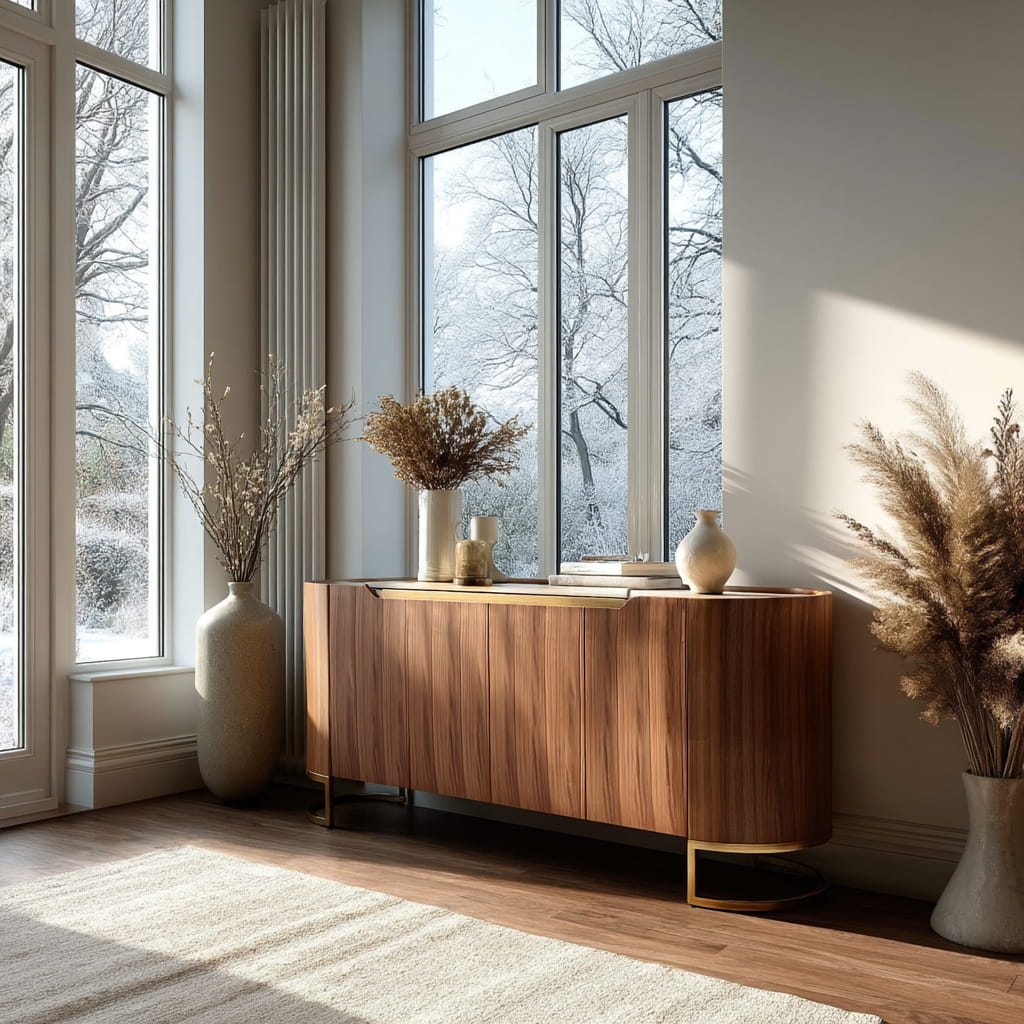Wooden sideboard with decorative items in a room with large windows