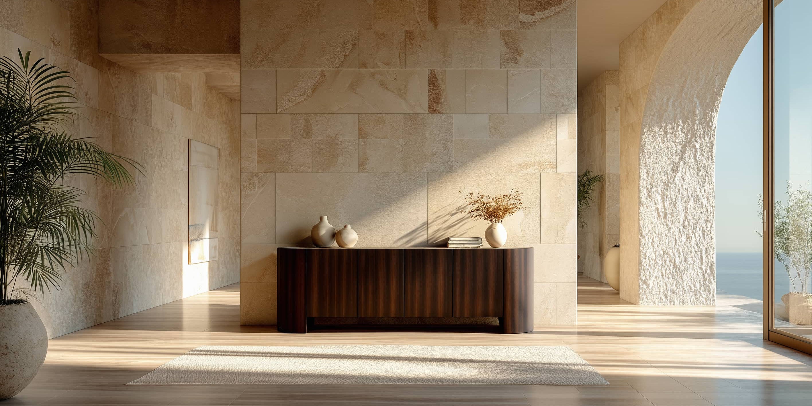 Modern interior with a wooden console table against a stone wall with large windows showing a scenic view.
