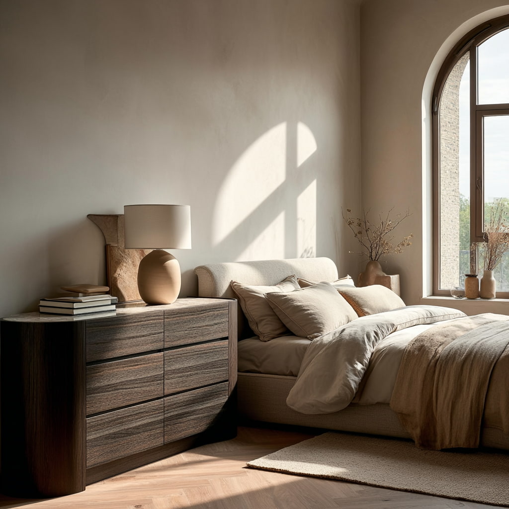 Neatly arranged bedroom with a dresser and bed, featuring soft lighting and decor.