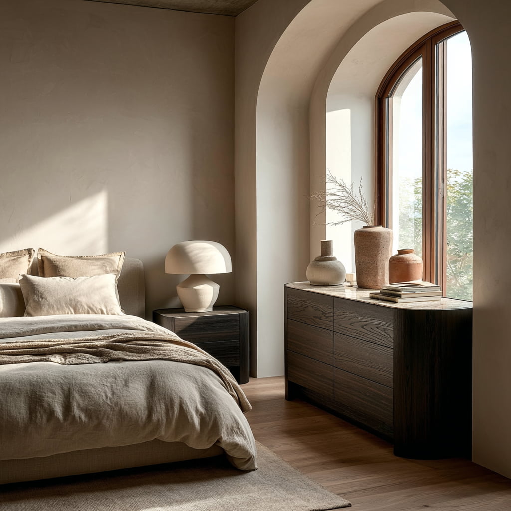 Modern bedroom with a bed, nightstand, and dresser near large windows.