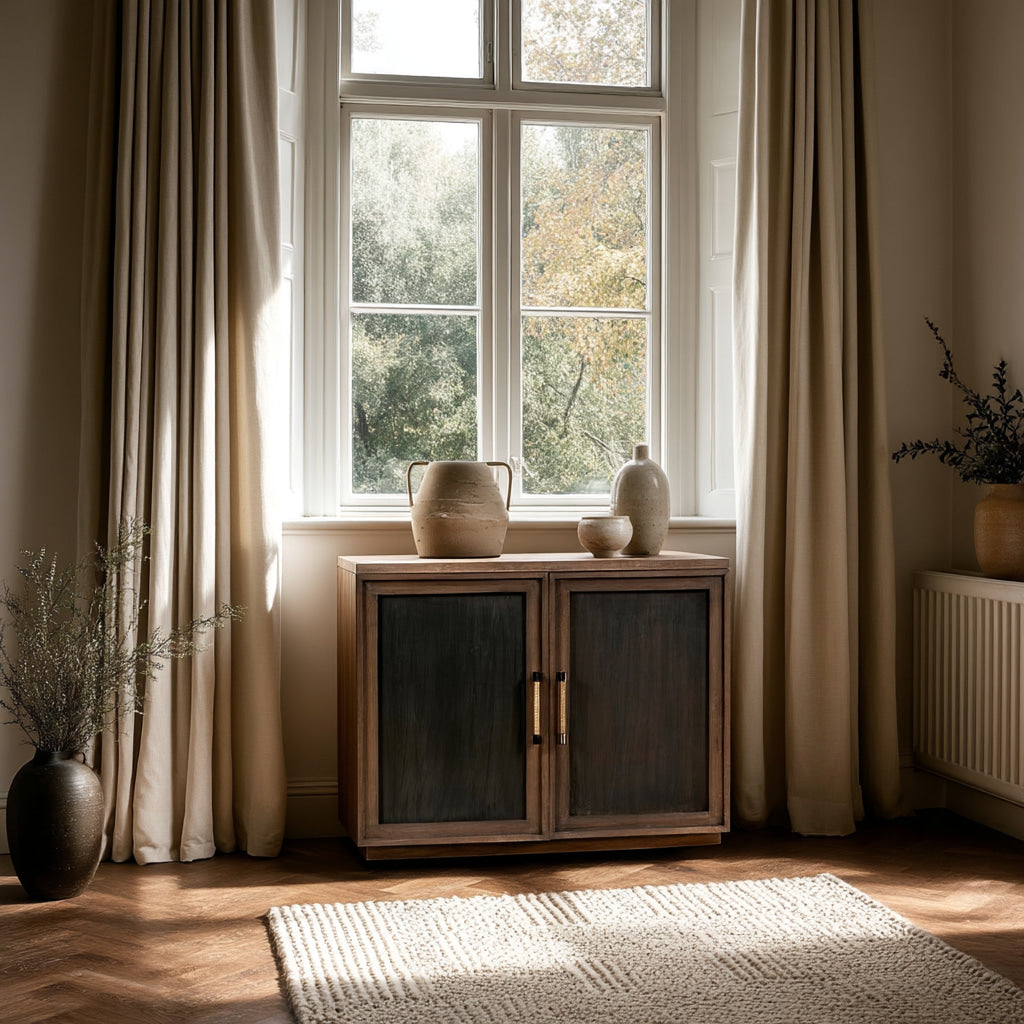 Wooden cabinet with decorative items under a large window in a room with curtains and a rug.