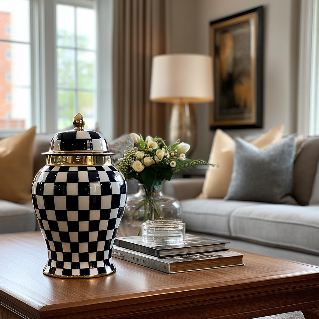 Checkered Lidded Jar - Blue and White