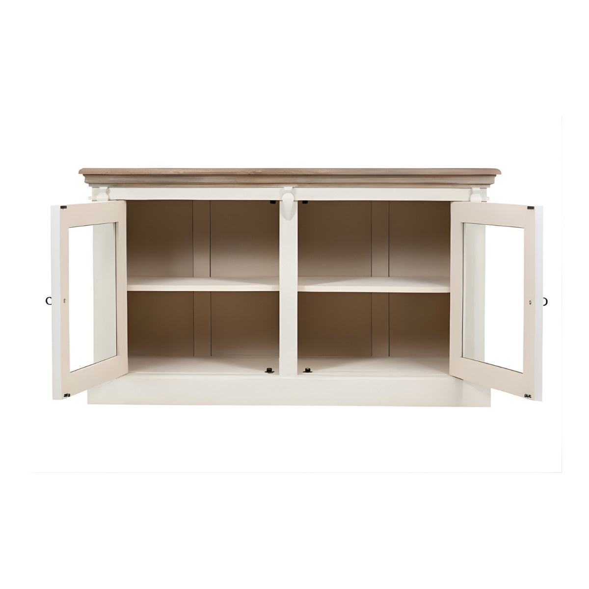 White cabinet with open doors on a white background