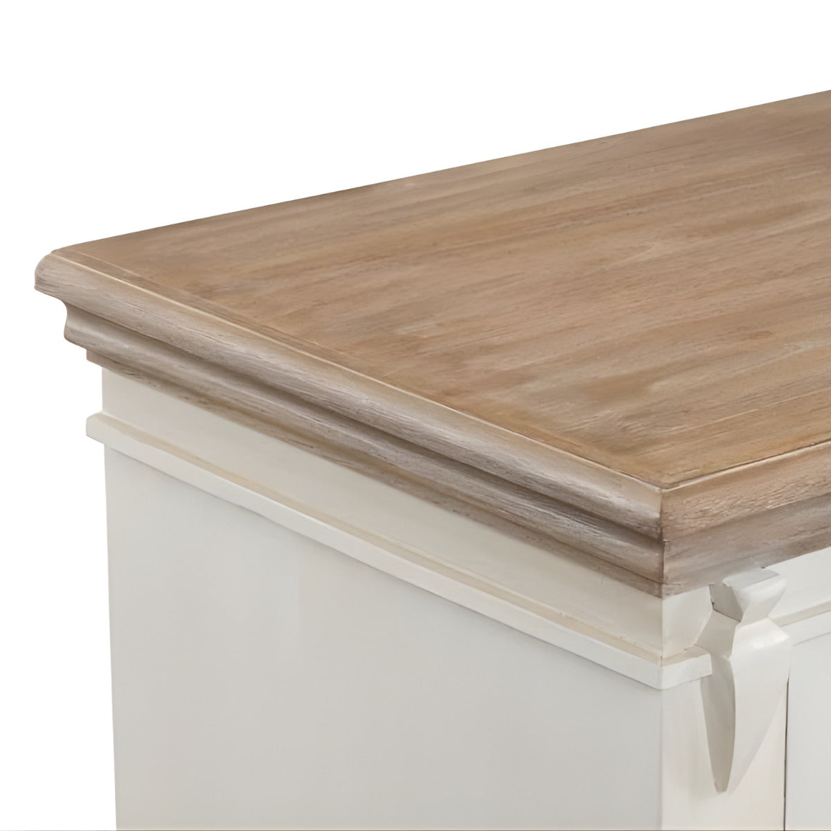 Wooden table top on a white cabinet with a white background