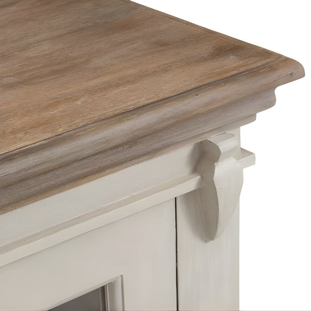 Wooden table top on a white cabinet with a rustic finish