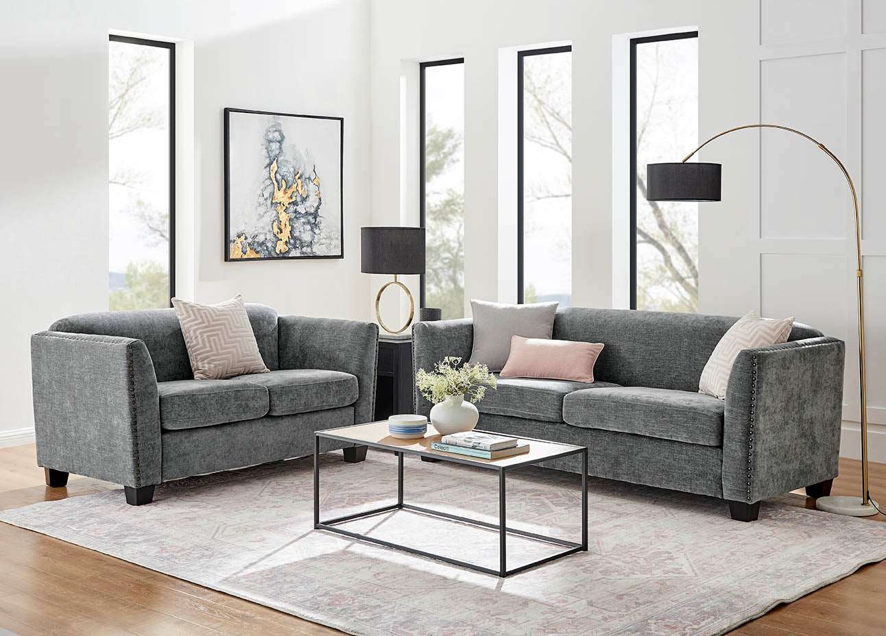 Dawson Studded 3 Seater Grey Sofa