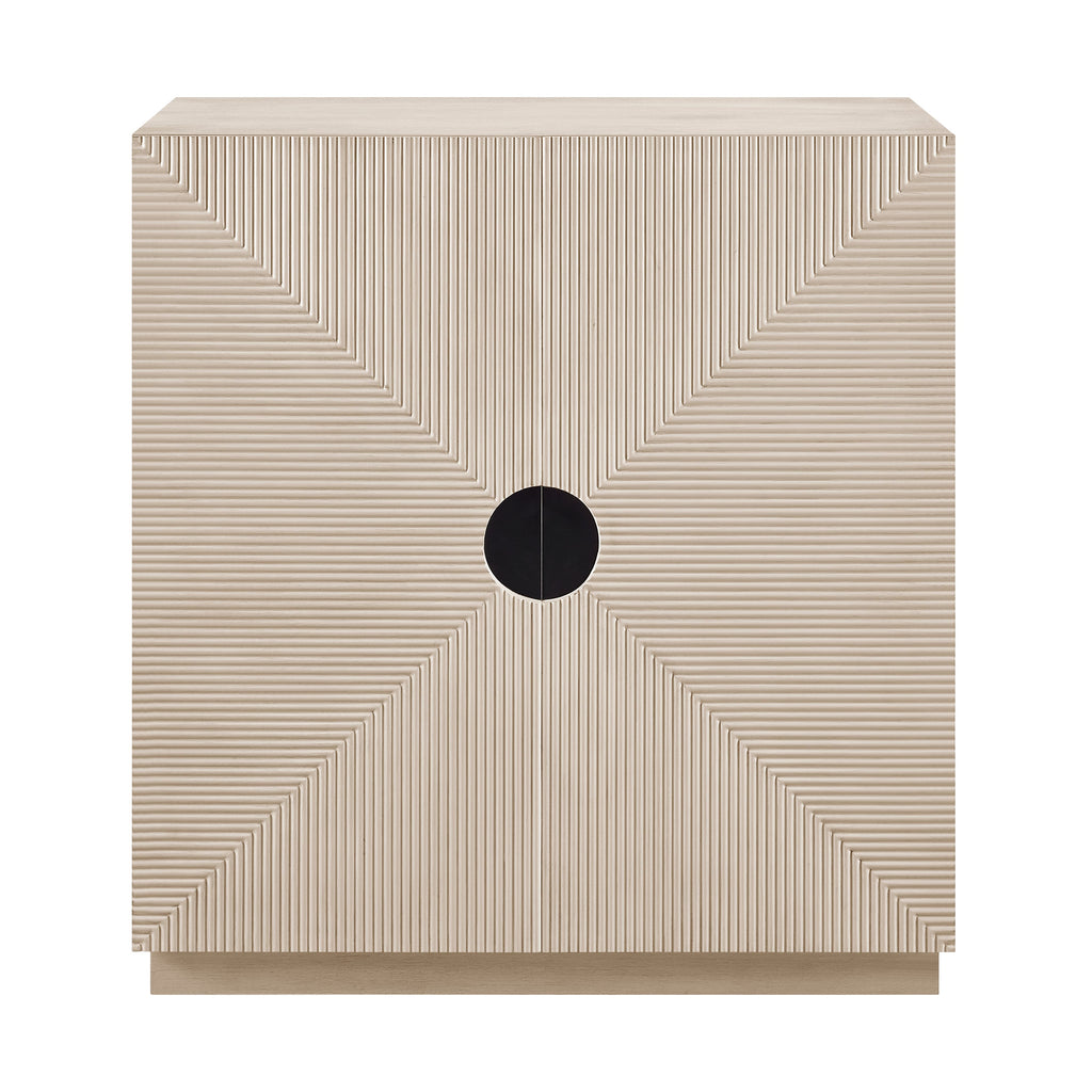 Beige textured box with a black circular feature on a white background