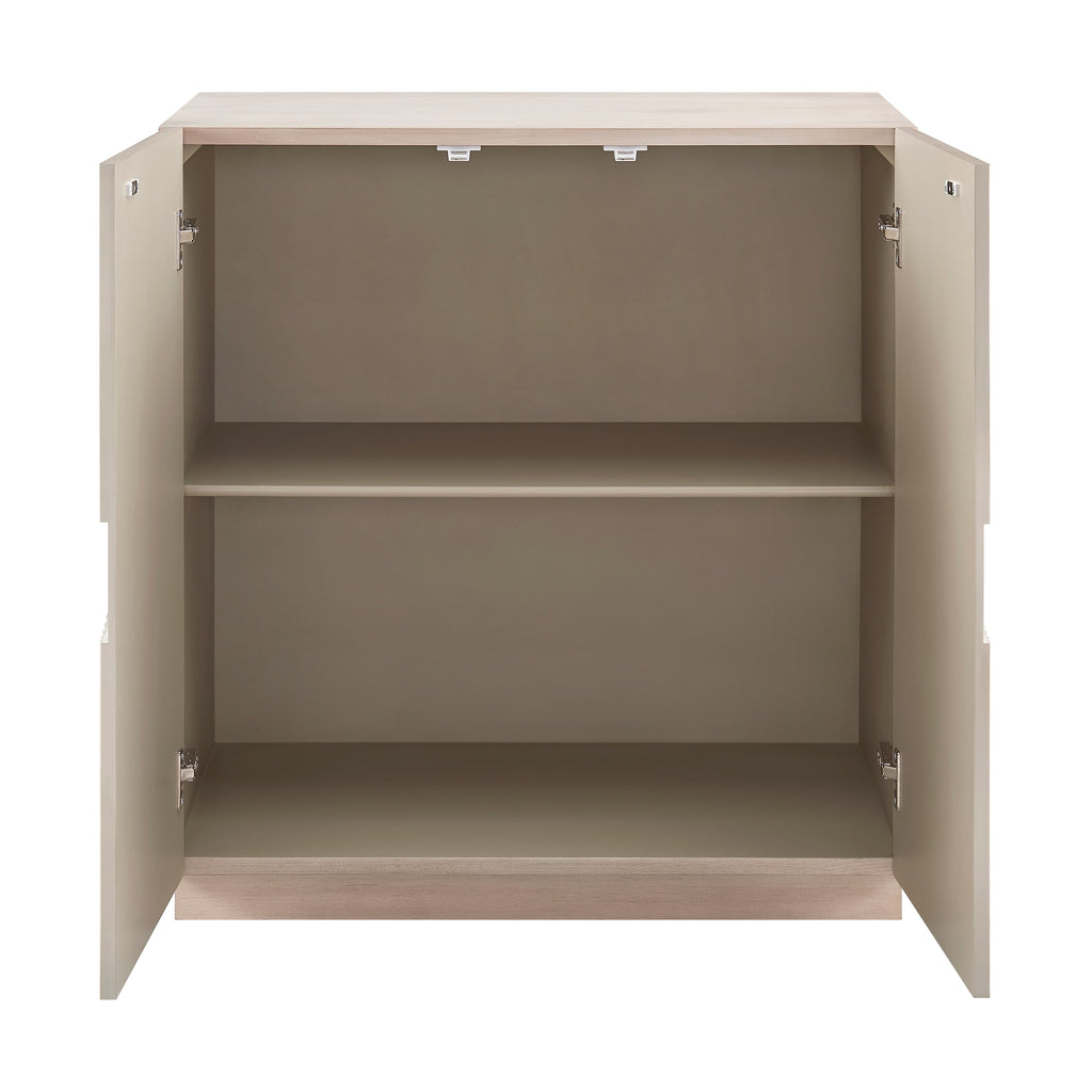 Beige cabinet with open doors on a white background