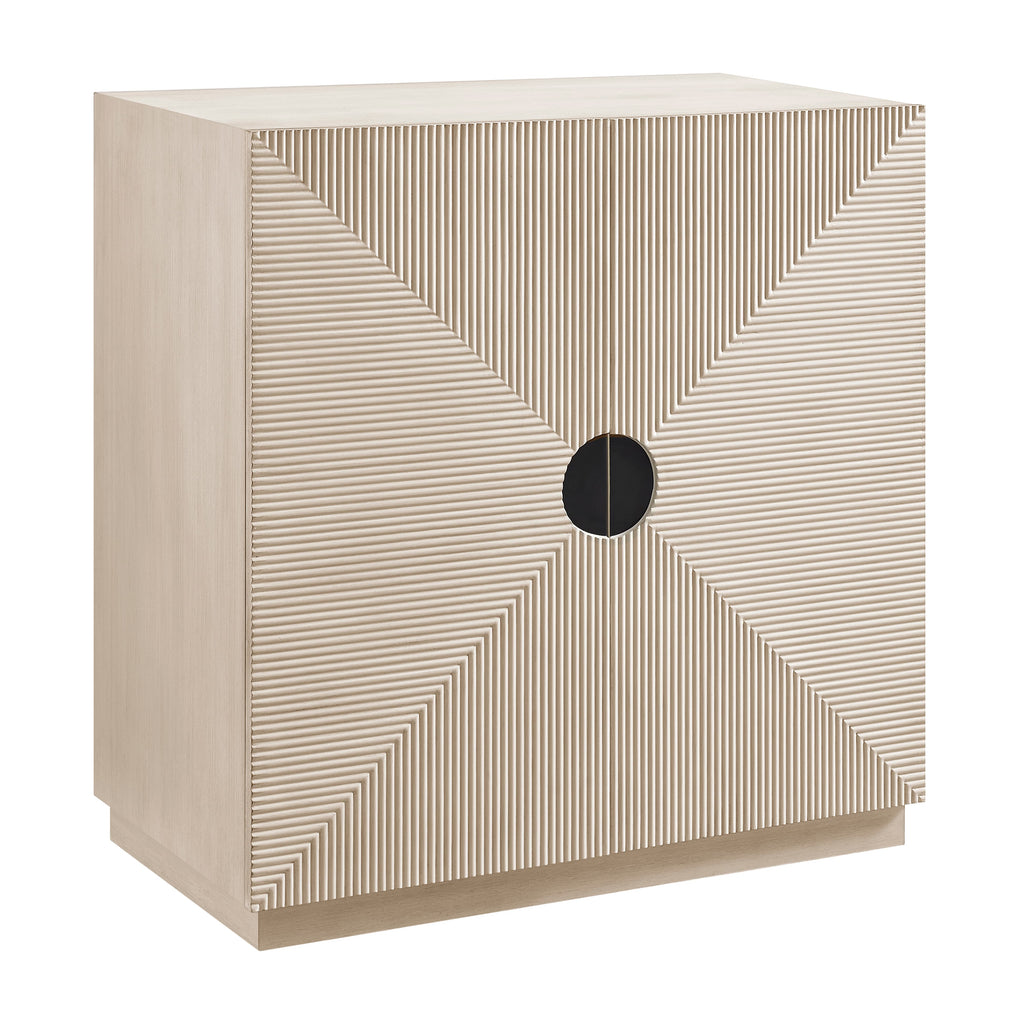 Beige cabinet with geometric pattern and black circular handle on a white background