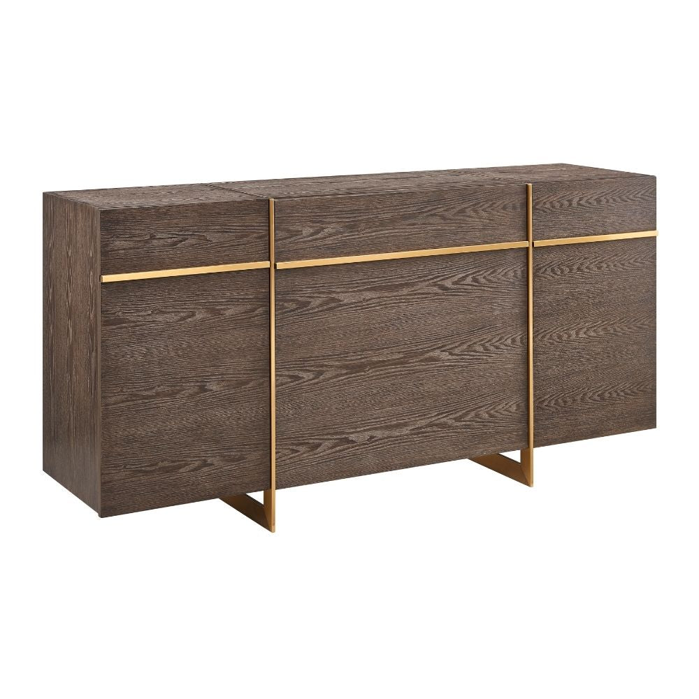 Wooden sideboard with gold accents on a white background
