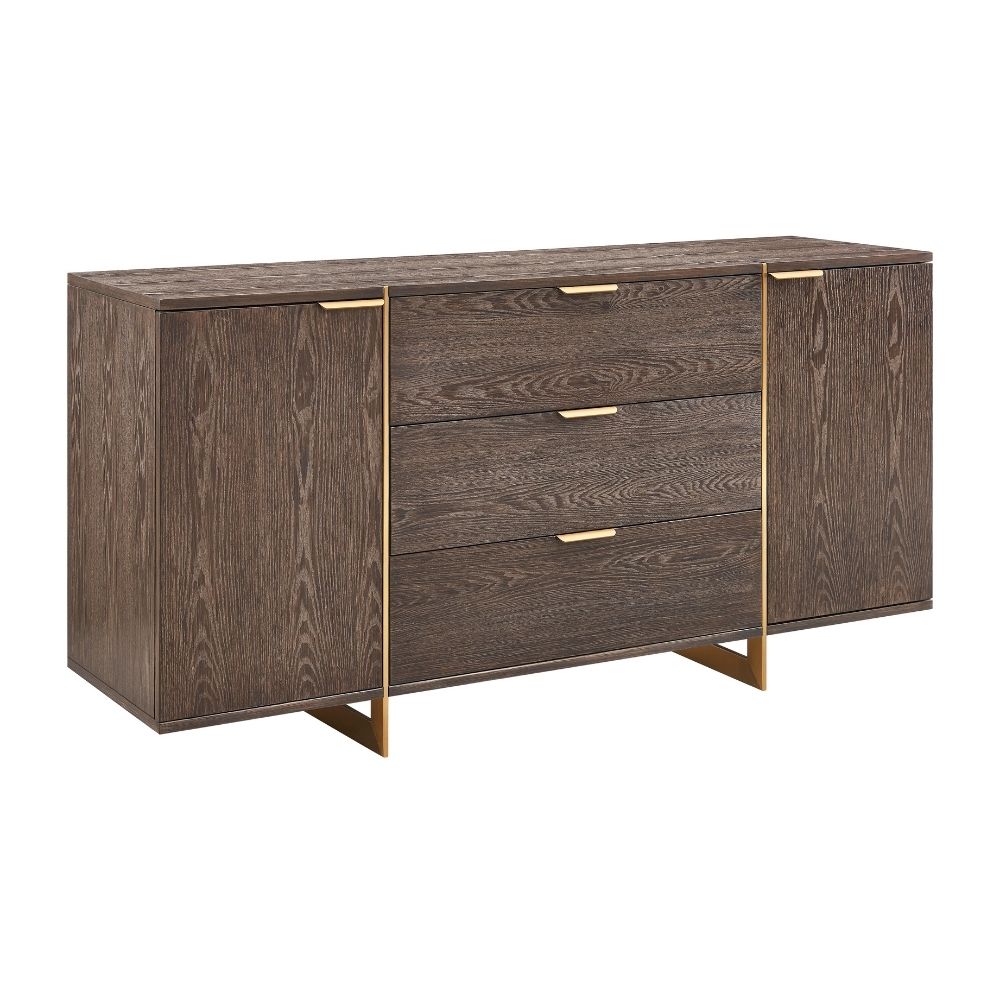 Wooden dresser with gold accents on a white background