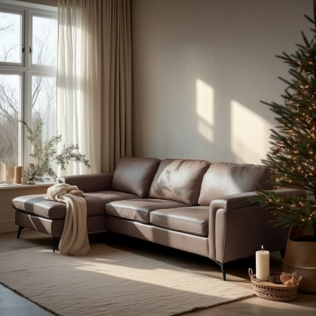 Brown leather sectional sofa in a living room with a Christmas tree and decorative items.
