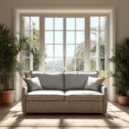 Gray sofa in a sunlit room with large windows and potted plants.