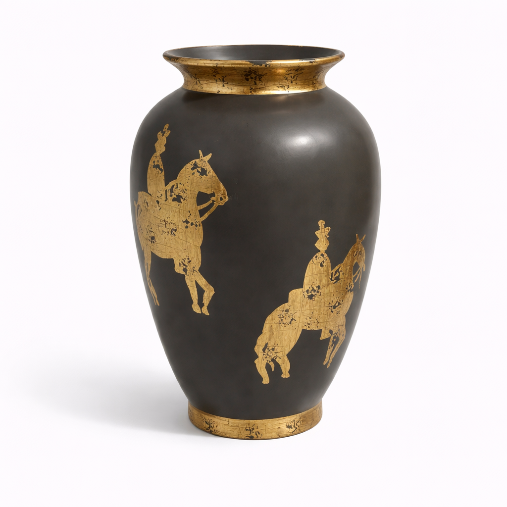 Ceramic Gold and Black Horse Urn